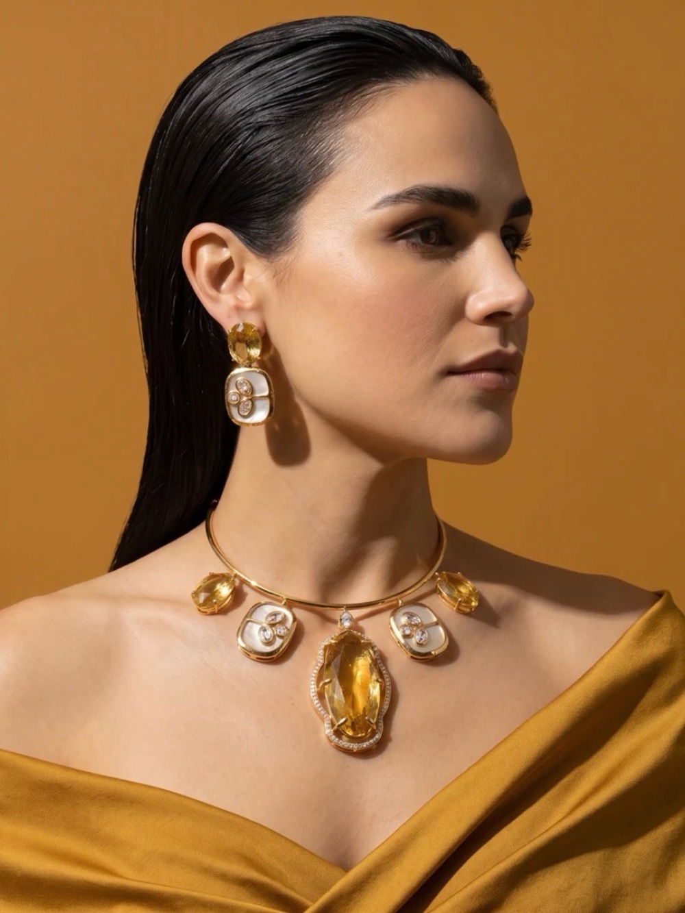 Gold-Tone Pendant Charm Necklace and Earring Set - Elegant Yellow Crystal
